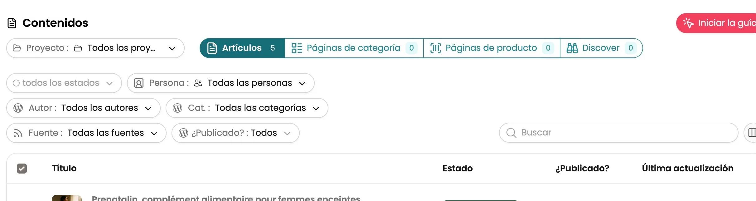 Vista de la biblioteca de contenidos generados en WiseWand : artículos, páginas de categoría, páginas de producto y modo Discover
