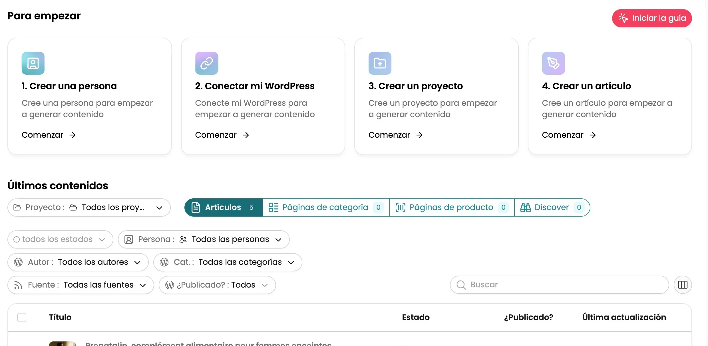 Panel de control de WiseWand con las 4 etapas de creación de contenido SEO con IA : persona, WordPress, proyecto y artículo