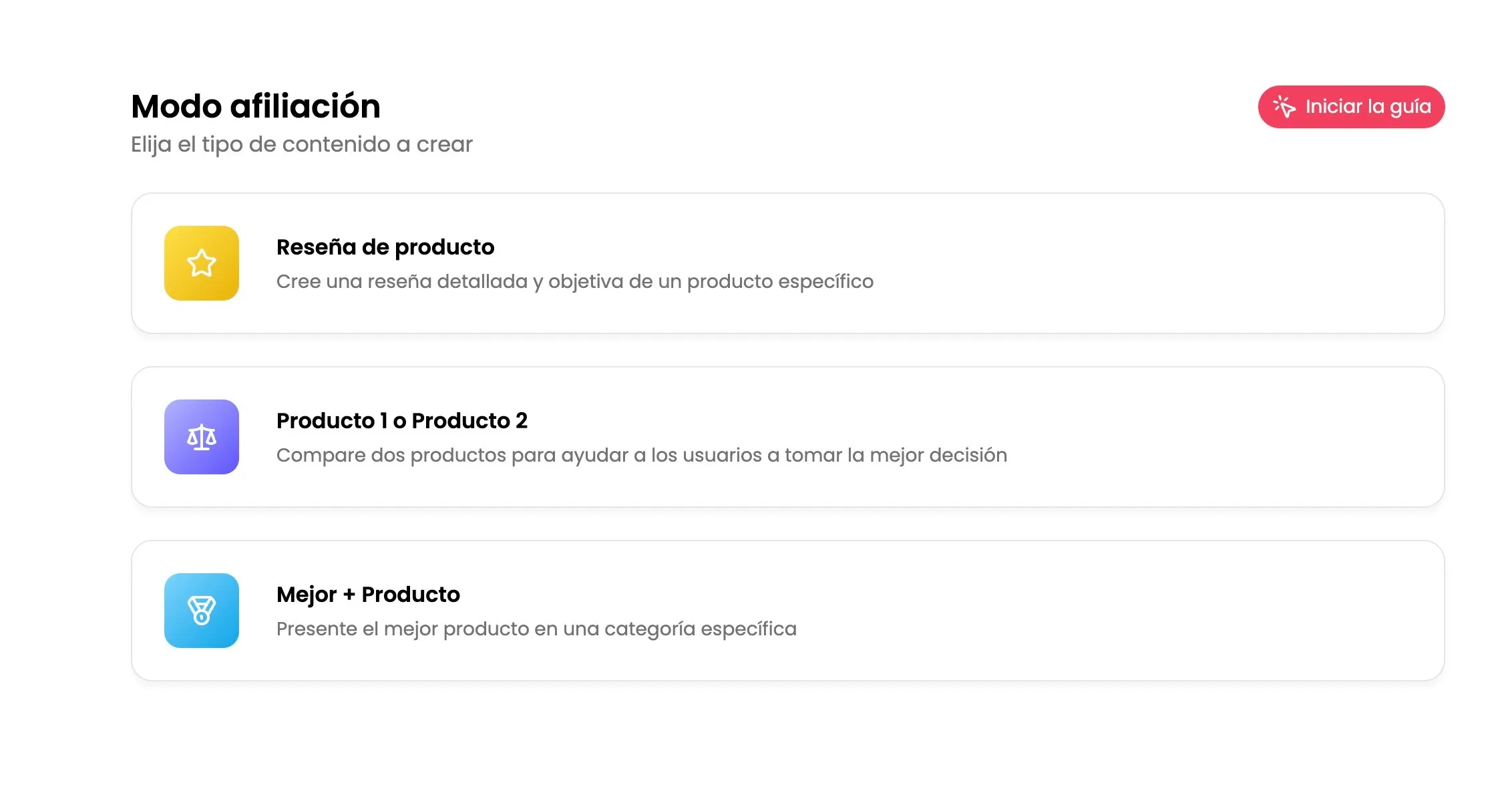 Modo Afiliación de WiseWand : tres tipos de contenido disponibles — reseña de producto, comparativa Producto 1 vs Producto 2, y Mejor + Producto