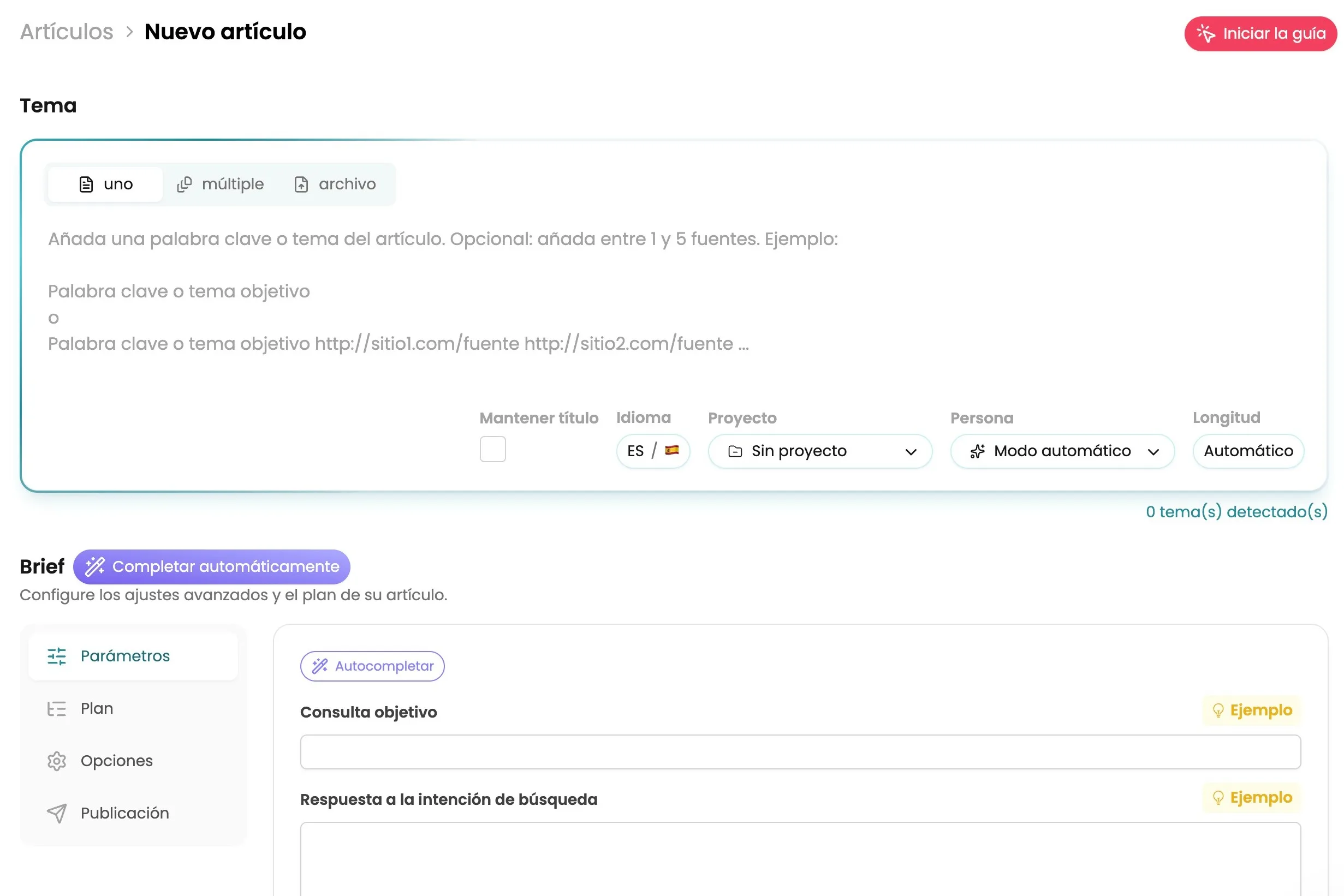 Interfaz de creación de un nuevo artículo en WiseWand con selección de idioma, país y longitud automática